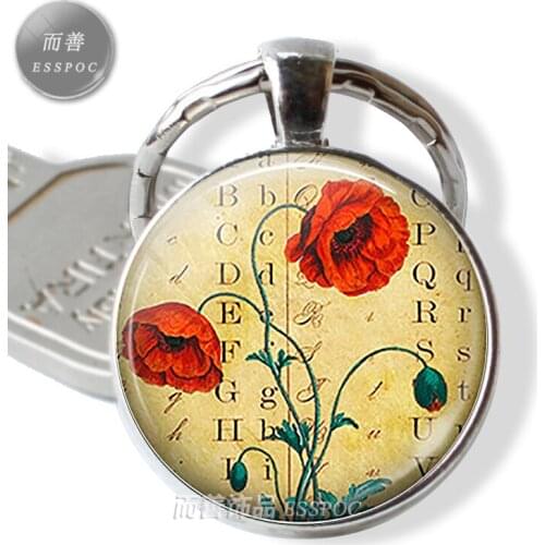 Fashion Accessories Red Poppy Flower Keychain Plant Pendant Glass Dome Key Chain Ring Poppy Keyring Jewelry Creative Gift