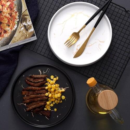 Round Marble Plates Kitchen Utensils Porcelain Black Gold White Gold Inlay Porcelain Dessert Steak Salad Plate HomeTableware Set