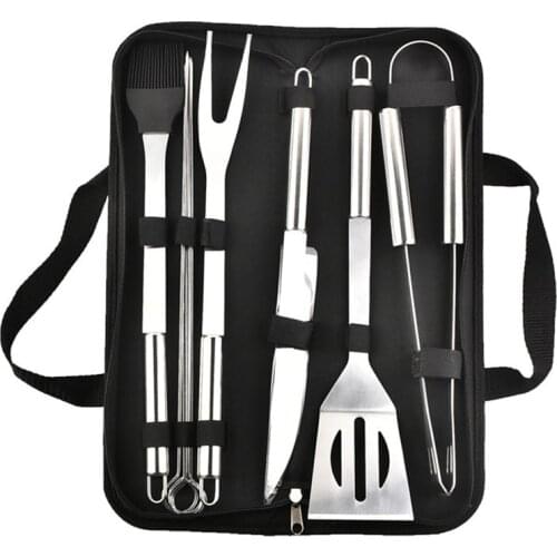 9 Pcs BBQ Tools Set Metal Toasting Fork Barbecue Brush BBQ Knife Skewers Tong Spatula Grilling Utensil for Outdoor BBQ Tools Kit