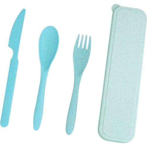 Baby Cute Children Student Household Portable Tableware Set Wheat Straw Knife Spoon and Fork Set Box Kids