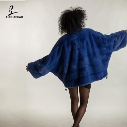 FURSARCAR 2021 New Blue Real Mink Fur Coat With Batwing Sleeve For Women Genuine Natural Fur Jacket Winter Fur Coats