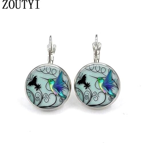 New/glamour creative blue hummingbird pattern photo, convex glass inlay earrings, feminine decoration