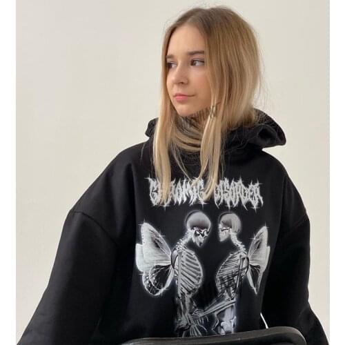 Autumn Womens sweatshirt Goth Skeleton Angel print Oversized Hoodies Black Y2K Tops Kawaii Hip-hop Grunge clothing Sweatshirts