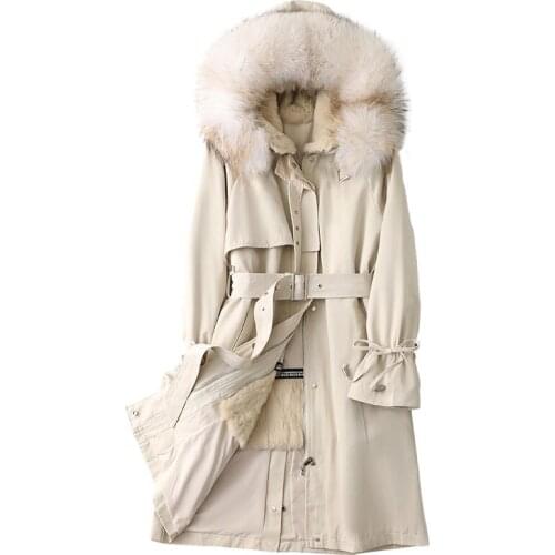 European Winter Parkas Coat Raccoon Fur Hoody Rabbit Lining Women Warm Long Outerwear LF21022KQN