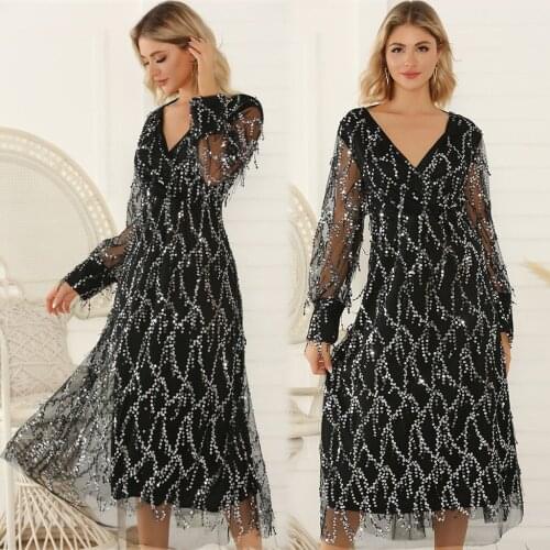 New design dress for childrens womens sexy long sleeve tassel Sequin womens long dress dresses spring woman 2021