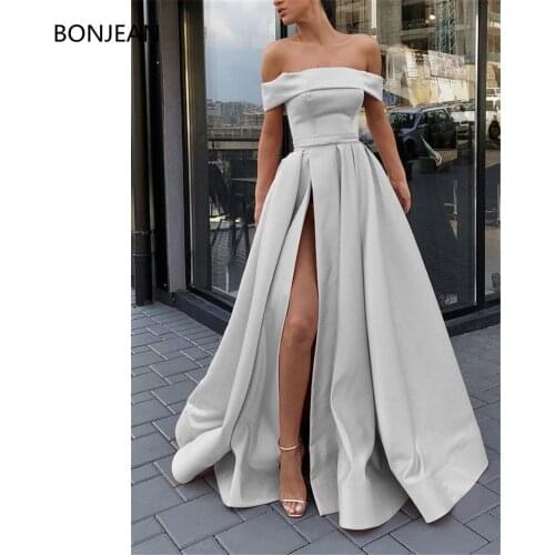 Silver Strapless Off the shoulder Long evening dresses 2019 Sexy Slit side Simple Formal dress abiye robe de soiree