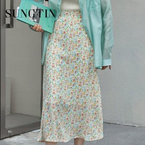 Sungtin Casual Print Long Skirts Women Spring Elegant Elastic High Waist Floral Maxi Skirts Korean Fashion A Line Skirt Summer