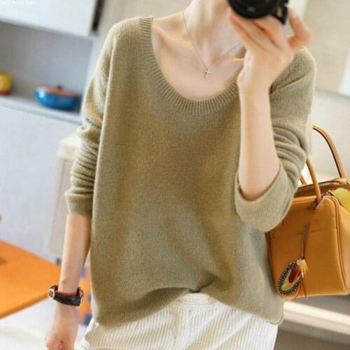 Autumn and winter cashmere sweater womens round neck casual pullover loose long-sleeved knitted solid color wool sweater New