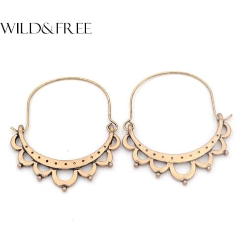 Wild & Free Vintage Semicircle Hollow Out Flower Hoop Earrings For Women Zinc Alloy Antique Color Thin Hook Earrings Jewelry