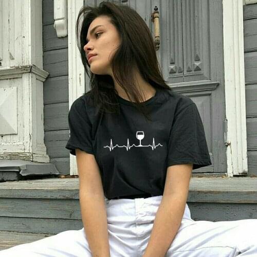Wine Heartbeat Wine Drinker T Shirt Women Casual Cloth O-Neck Female T Shirt Lady Yong Girl Top Tee Bar