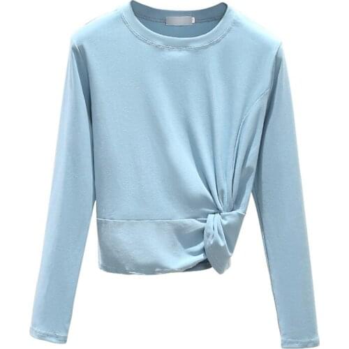 Women Korean Kink Solid Long Sleeve T Shirt Round Crew Neck Plain Cotton Spandex XL Lady tees & tops Autumn