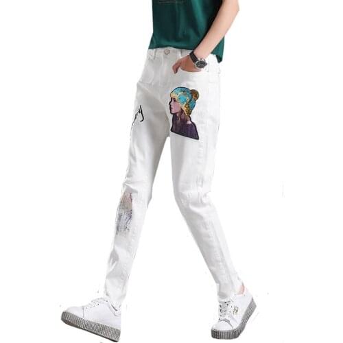 Womens jeans new hole loose harem pants sequin embroidered feet pants fashion was thin trousers