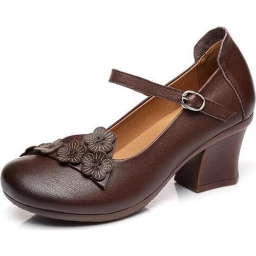 2020 Newest Cowhide Flowers Genuine Leather Shoes Woman High Heeled Shoes Lady Retro Banquet Wedding Women Fashion Shoes