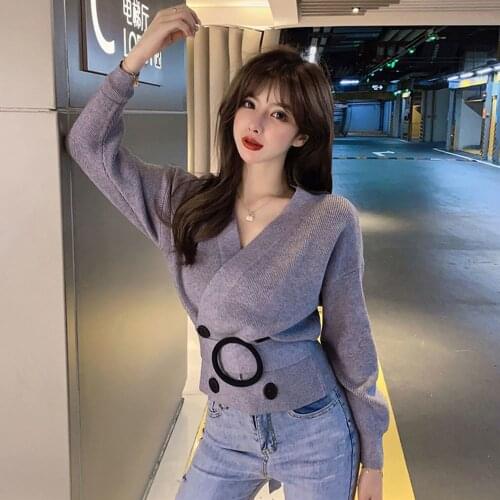 2021 Casual Fashion Double Breasted Slim Top Autumn Winter Streetwear Womens Long Sleeve Cross V-Neck Knit Sweater With Belt