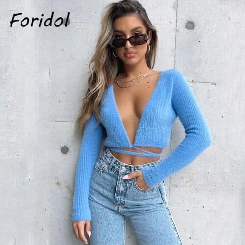 Female Bandage Knitted Sweater Women Causal Soft Sweater Crop Top Autumn Winter Knitted Long Sleeve Korean Sweater Blue 2021