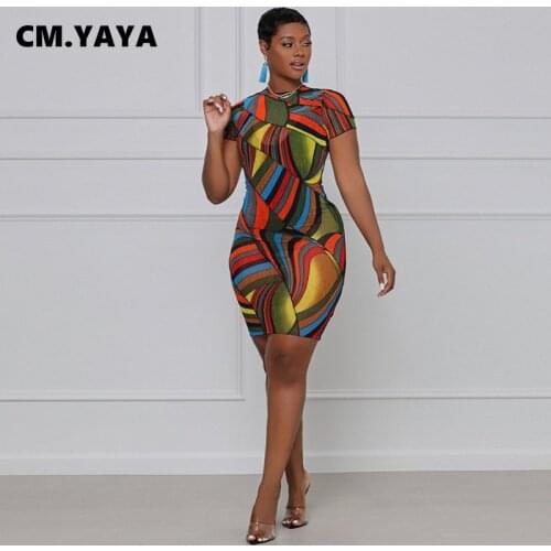 CM.YAYA Women Mini Dress Print Mesh See-through Short Sleeve O-neck Stretchy Bodycon Dresses Sexy Fashion Vestidos Summer Outfit