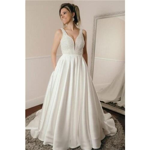 2020 Fashion Wedding Dresses V Neck Backless Sleeveless A Line Wedding Bridal Gowns Sweep Train vestido de novia robe de mariee