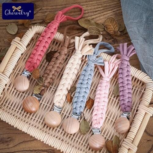 1PC Weaving Pacifier Clips Chain Cotton Braided Thread Beech Wooden Pacifier Clip Metal Clips Dummy For Kid Feeding Product Toys
