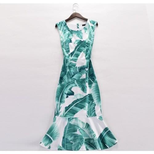 2017 Womens Retro Vintage Summer Sleeveless Elegant Dresses Plus Size Runway Knee -Length Trumpet Banana Leaf Print Dress