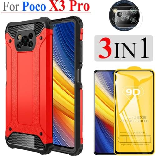 3in1 Set, Cool Style Shockproof Case for Xiaomi POCO X3 PRO Back Cover Poco F3 Tempered Glass Poko X3 Pro PocoX3Pro Case + Glass