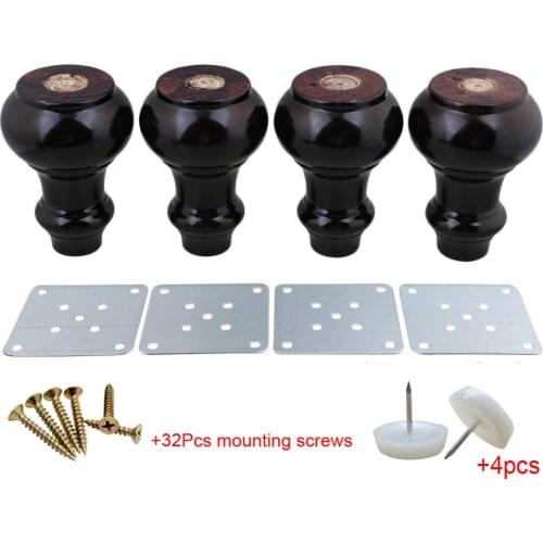4pcs Wooden Furniture Legs Feet 120x60x35mm Gourd-shaped Black Eucalyptus Wood Sofa Bed Cupboard with Iron Sheet & felt pad