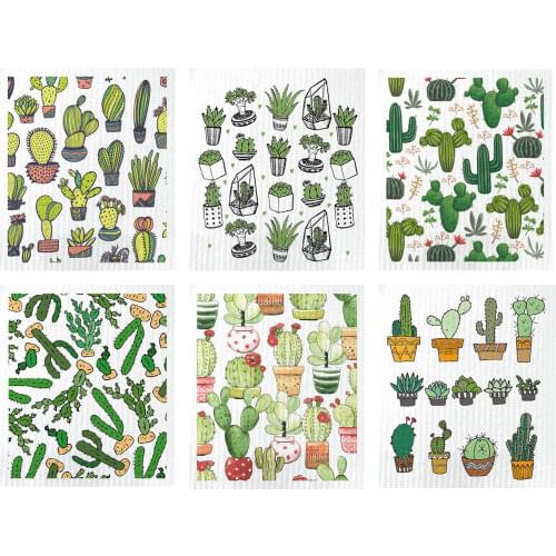6PCS Cute Cactus Dish Towels Reusable Wood Pulp Dish Cloth Super Absorbent Dishcloths Hand Towel Kitchen Cleaning Cloth