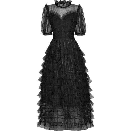 Ball Gown Dress 2021 Summer Fashion Party Events Women Sexy Tulle Mesh Patchwork Cascading Ruffle Sexy White Black Dress Vintage