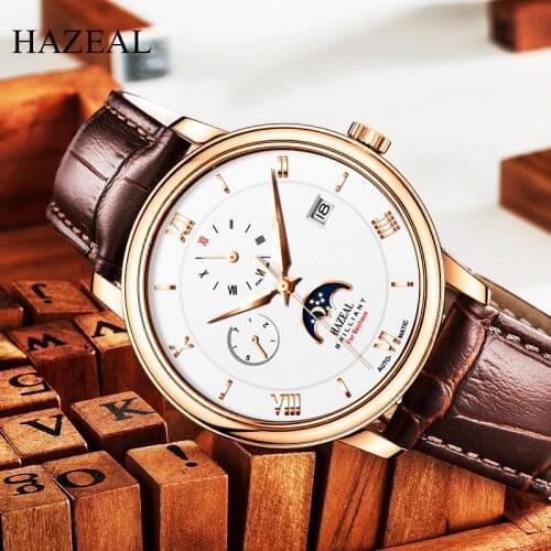 Switzerland Luxury Brand HAZEAL Mens Watch fashion seagull movement men mechanical watches leather business male wristwatch