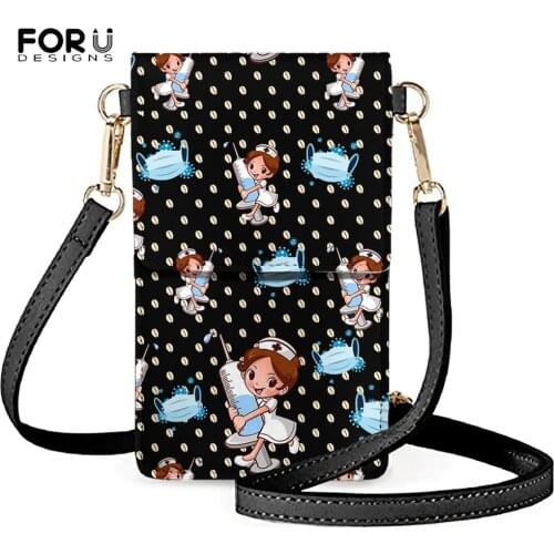 FORUDESIGNS Black Mobile Touch Screen Pouch Ladies Kawaii Nurse Mask Print Female Mini Leather Card Shoulder Crossbody Bag Mujer