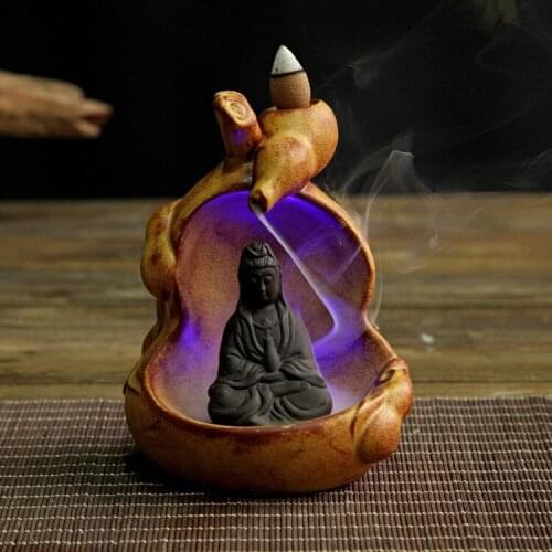 Home Decor Buddhism Creative Avalokitesvara Bullet Blackflow Incense Cones Or Burner Smoke Ceramic Tower Incense Censer With LED