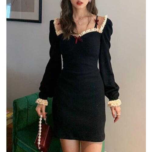 Retro Elegant High Waist Long Sleeve Dress Lace Sexy Party Black Bodycon Dress Vintage Harajuku Vestidos Gothic Vestido De Festa