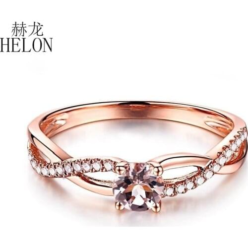 HELON Solid 14K Rose Gold Flawless Round 4.5mm Natural Morganite Diamond Engagement Wedding Gemstone Fine Jewelry Diamonds Ring
