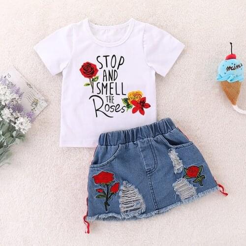 Kids Set Childrens Clothes Suit Summer Flower Print Set Top+Denim Skirt 2Pcs Toddler Christmas Outfits Clothing Sets
