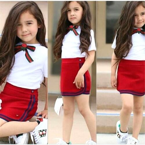 Uniform Style Two Piece Toddler Girl Clothes Set Newborn Kid Baby Girls Bow Flower Tie Tops T-shirt Short Mini Skirt Tutu Dress