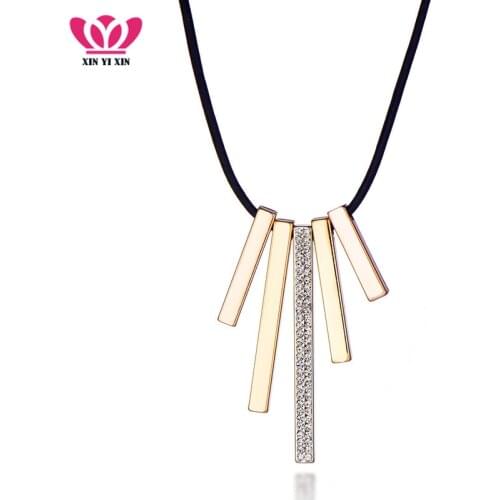 Hot Female Punk Metal Bars Pendant Necklace CZ Crystal Geometric Metal Strip Leather Chain Choker For Women Party Jewelry
