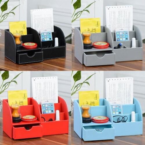 Multifunctional Leather Office Desk Organizer With Drawer 9-Compartment Home Supplies Cool Desk Accessories Holder Storage Box