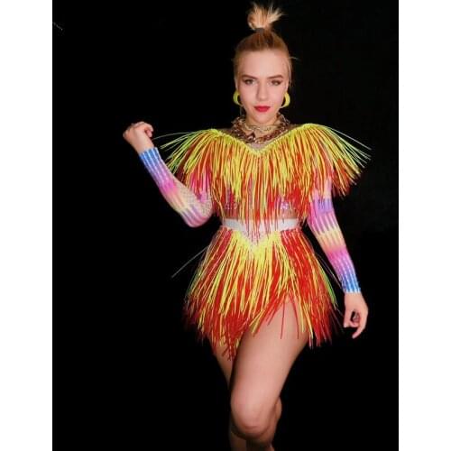 Fashion Neon Orange Dance Bodysuit Women Singer Stage Wear Outfit Nightclub Show Leotard Colorful Bodysuit Performance Clothes