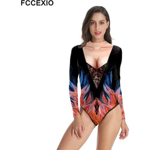 FCCEXIO Fashion Lace Pattern 3D Print Women Swimsuit Summer Casual Long Sleeve Beachwear Bathing Suit Sexy Tight Swimwear