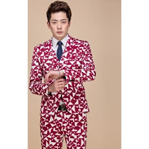 Chorus red printing suits for men blazer boys prom mariage suits fashion slim masculino latest coat designs singer stage dance