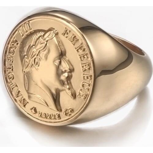 French Coin Ring Stainless Steel Napoleon III Empereur Coin Ring Men France Jewelry Gold Punk Francs Sculpture Shape Size 7-15