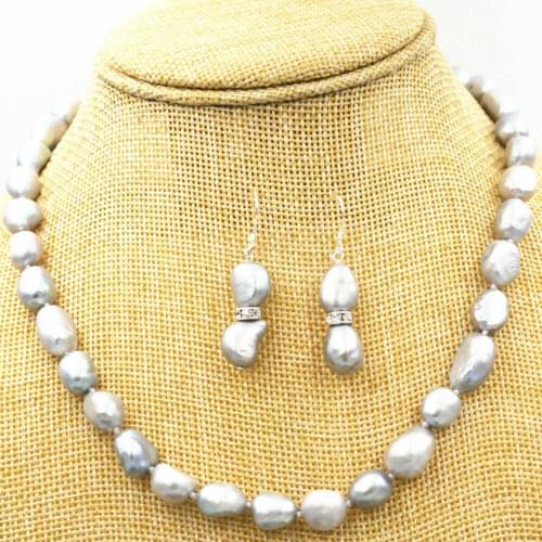 Natural 8-9MM SILVER GRAY REAL BAROQUE CULTURED PEARL NECKLACE + Earrings