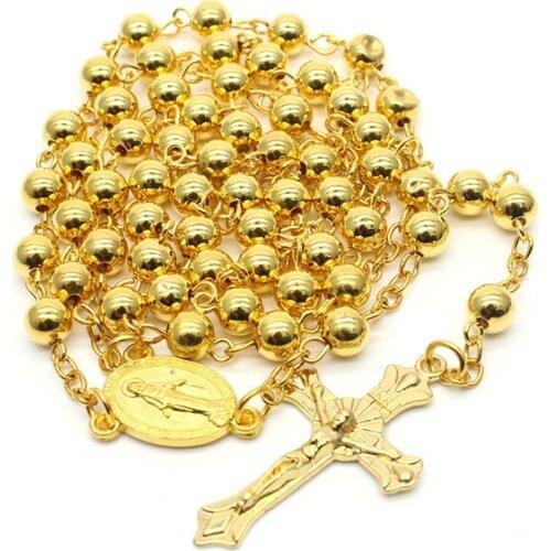 Religious Christian Gold Silver Color Copper Rosary Beads Necklace Jesus Cross Pendant Necklace Long Chain Neck Jewelry Gift