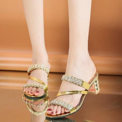 2020 Summer Women Shoes Squre Heel Sandals Peep toe Ladies Shoes Brand High Heel Sandals Gold Heels Big Size