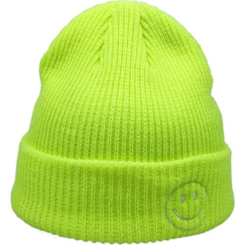 Fashion Plain Short Knitted Winter Hat for Women Smile Face Mens Beanie Neon Yellow Neon Green Purple Hot Pink