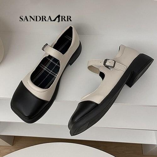 SANDRA JRR New Patchwork Flat Heel Shoes Retro Square Toe Mary Janes Flats Ankle Buckle Student School Cosplay Shoes