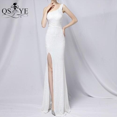 White Crystal Bead One Shoulder Prom Dress Twill Sequin Evening Gown Ruched Waist Formal Party Dress Sexy Open Split Women Gown