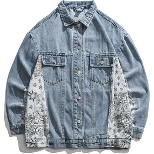 Hip Hop Cashew Flower Denim Jacket Men Women Color Block Patchwork Jeans Jacket 2021Autumn Retro Harajuku Cotton Streetwear Coat