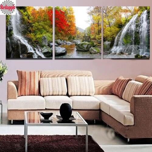 Feng Shui painting diamond rhinestone embroidery cross stitch 3 pcs natural waterfall fall tree landscape diamond mosaic full