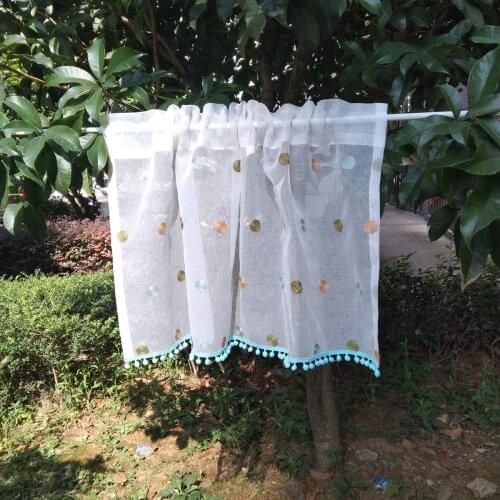 Bleu Pom Pom Short Sheer Curtains for Kitchen Cafe Cabinet Door Tower Embroidered Faux Linen Voile Gazebo Patio Window Drapes