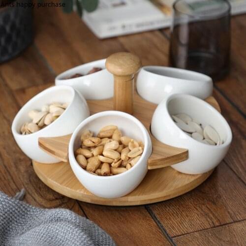 Ceramic Snack Platter Wooden Stand Rotatable Snack Tray 5 Grids Dried Fruit Plate Fruit Bowl Afternoon Tea Snack Plate Dishes